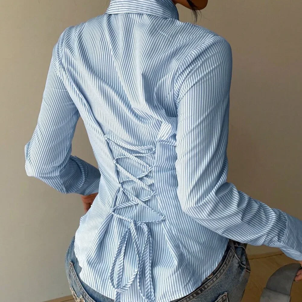 Blue Casual Women's Striped Tie-Waist Slim Fit Long Sleeve Shirt - Picture 2 of 6